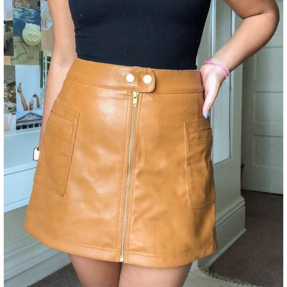 Free People Womens Faux‎ Vegan Darted Zip Front A-Line Mini Skirt Tan Size 0 - Picture 1 of 9